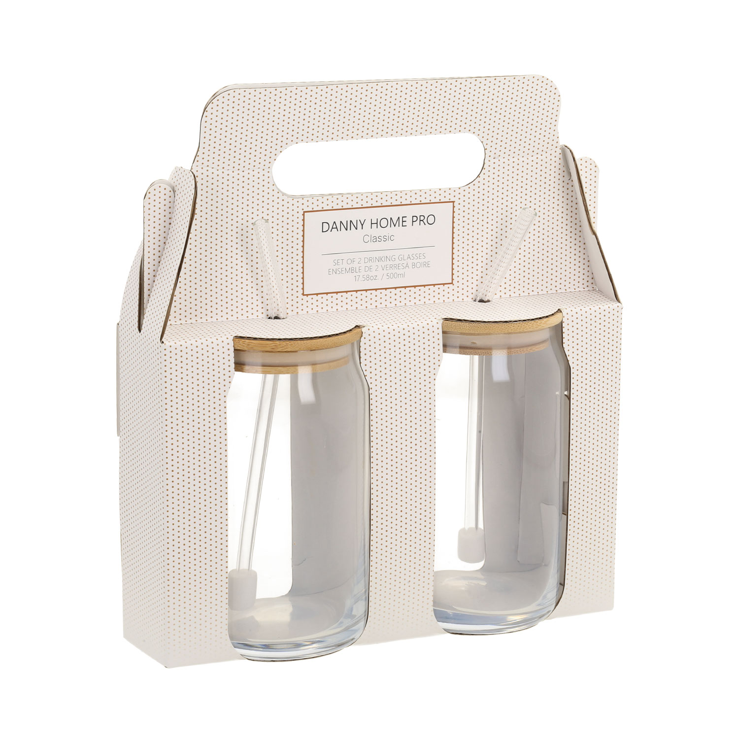 DH16362 Geriamosios stiklinės CLASSIC 2 vnt. 500 ml, su dangteliu ir stikliniu šiaudeliu - Image 1