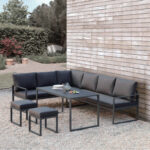 Sodo baldų komplektas LEIPZIG stalas, kampinė sofa, 2 pufai - Image 4