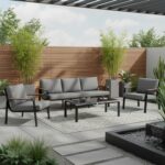 Sodo baldų komplektas LONA stalas, sofa ir 2 kėdės, pilkos/juodos spalvos - Image 7